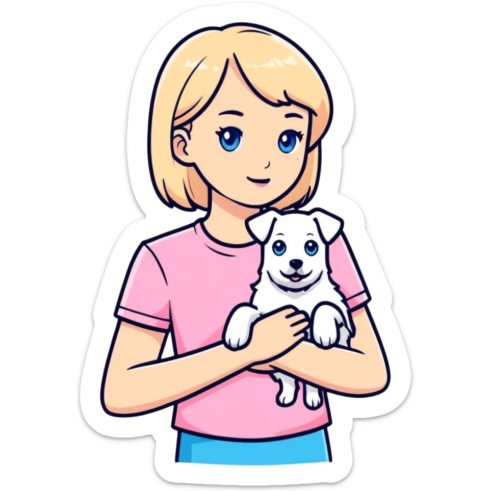 Blonde girl in pink t-shirt and blue eyes and white dog in hands sticker