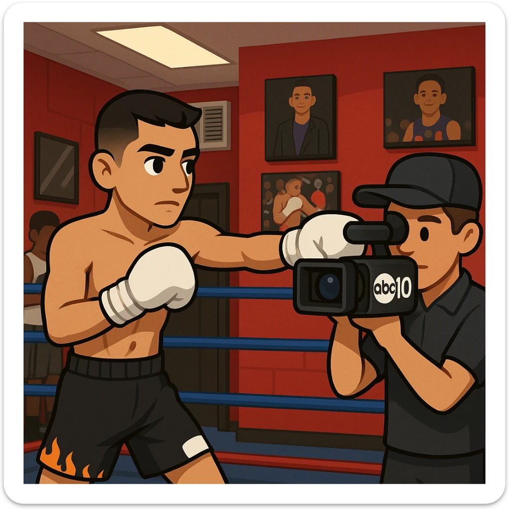 Add the ABC 10 logo to the camera, include a cameraman, make the gym more detailed like the reference photo, and make the boxer resemble the person in the reference image. The style should match the original image's look and feel. sticker