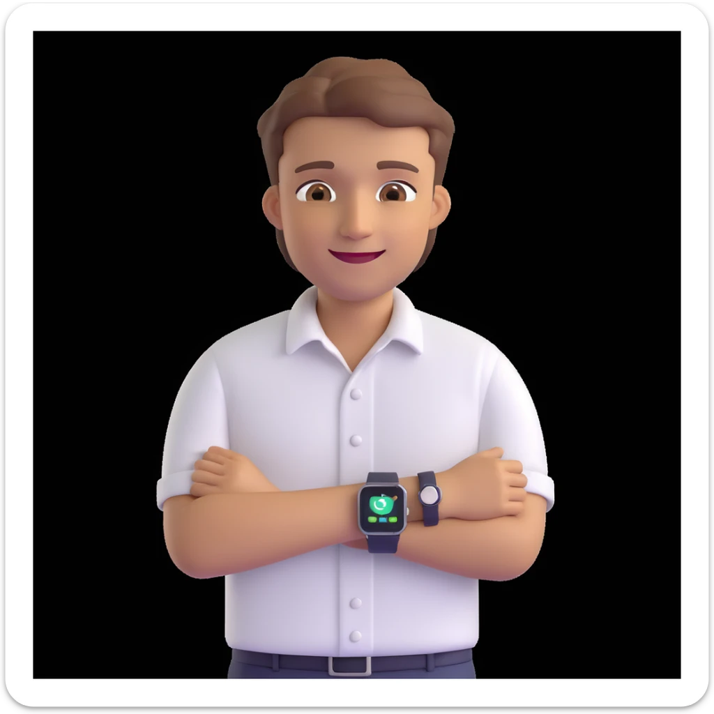 apple-style 3D emoji avatar of a fair, handsome young man with light brown hair, brown eyes, bright smile, wearing white button-up shirt, smartwatch, creative tech-savvy vibe, dark background sticker