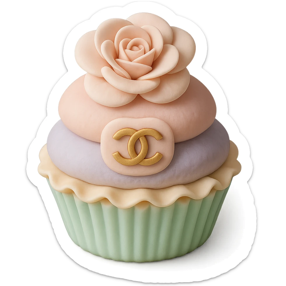 pastel Chanel cupcake with a camellia flower and edible logo, delicate and elegant sticker