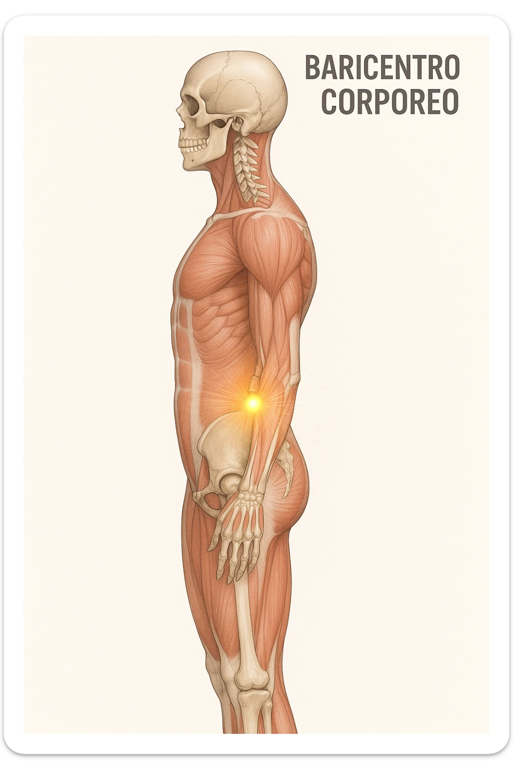 Vertical, educational medical illustration: side view of a human body with the anatomical center of gravity (baricentro corporeo) indicated by a luminous point at the level of the second sacral vertebra. Transparent overlay shows both skeleton and major muscle groups. Clean, modern, white background. sticker