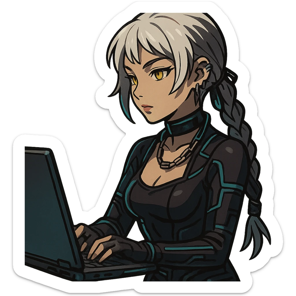 she is sitting at a laptop typing, a closeup portrait of young woman with gold yellow eyes, white hair, long braid, black off-shoulder top d-cup, punk gothic style, futuristic cyberwave cyberpunk, sitting position
 sticker