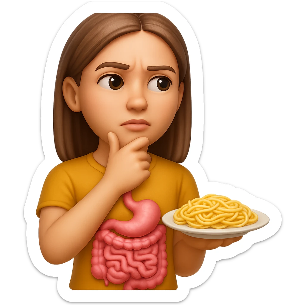 donna che guarda pensierosa con intestino in evidenza un piatto di pasta, stile emoji iphone, iperrealistico 4k sticker
