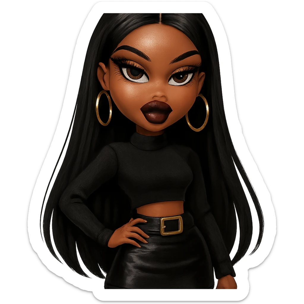 fashionable Bratz baddie, brown skin, straight black hair, dramatic makeup, dark brown eyes, gold hoop earrings sticker
