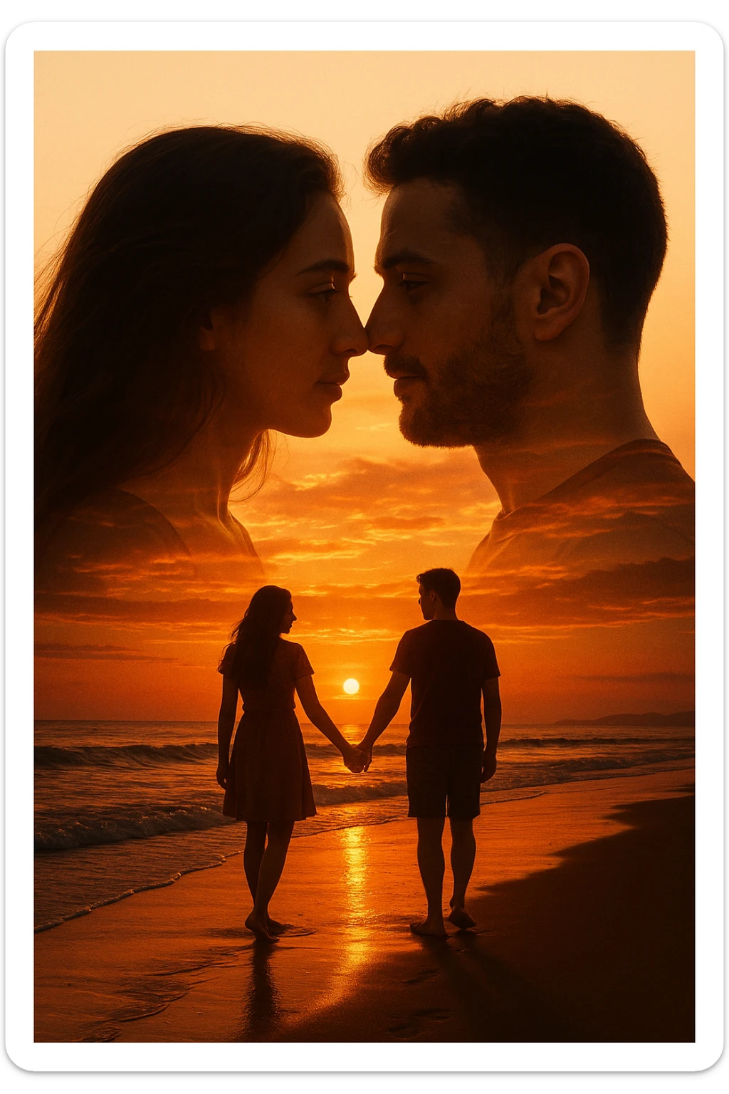 Una doppia esposizione cinematografica di noi di profilo, con un paesaggio di spiaggia al tramonto integrato nella silhouette.
La scena interna ci mostra entrambi camminare sulla sabbia bagnata, tenendoci per mano, con le onde del mare che si infrangono è facile e un cielo colorato dagli ultimi raggi di sole. Atmosfera calda e intima, toni dorati arancioni, dettagli fini ed espressivi, risoluzione 8K. sticker