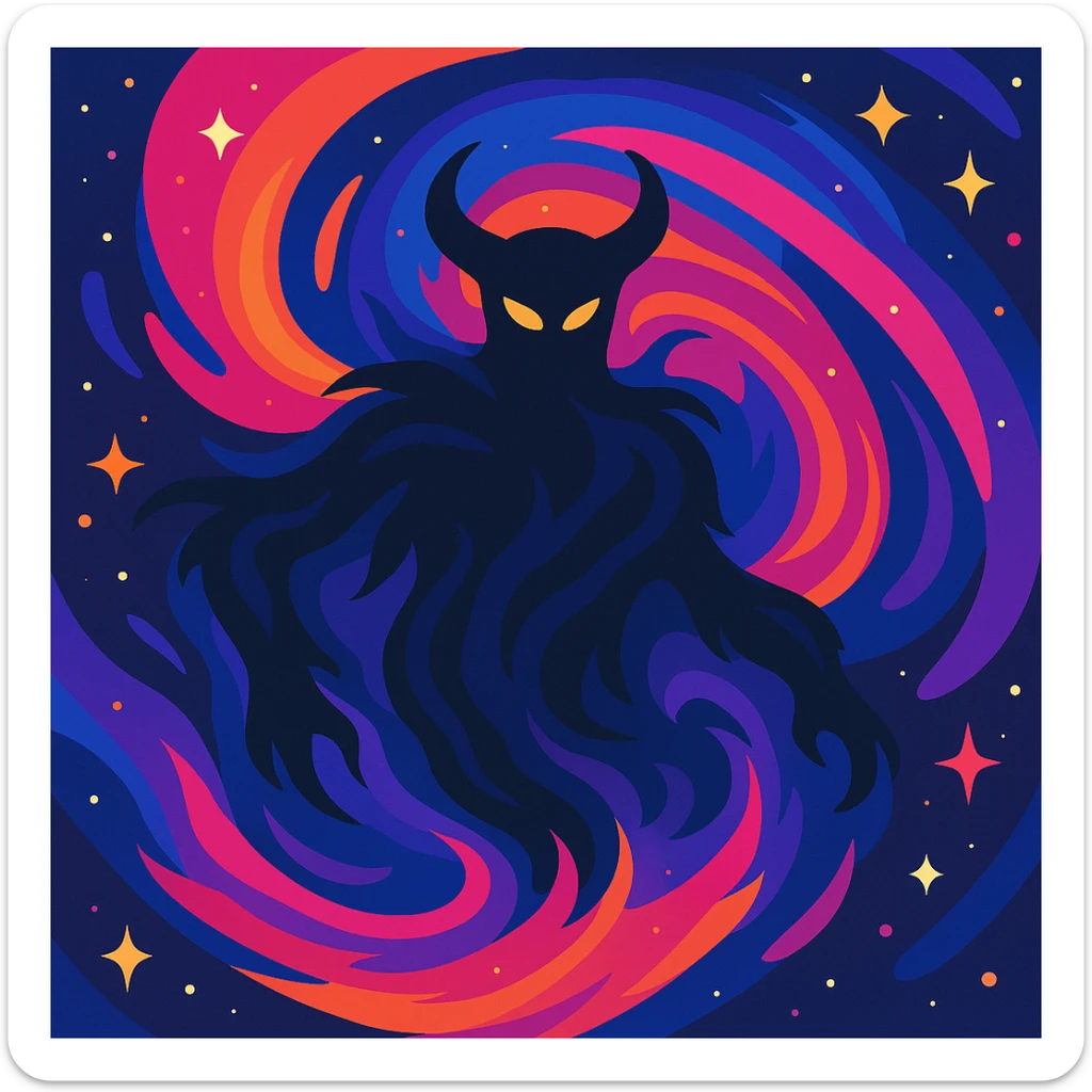 Add vibrant cosmic colors, swirling nebulae, and glowing stars to Magnum Chaos, primordial Greek god, while keeping the abstract, powerful, mythological essence in a vibrant toon style. sticker