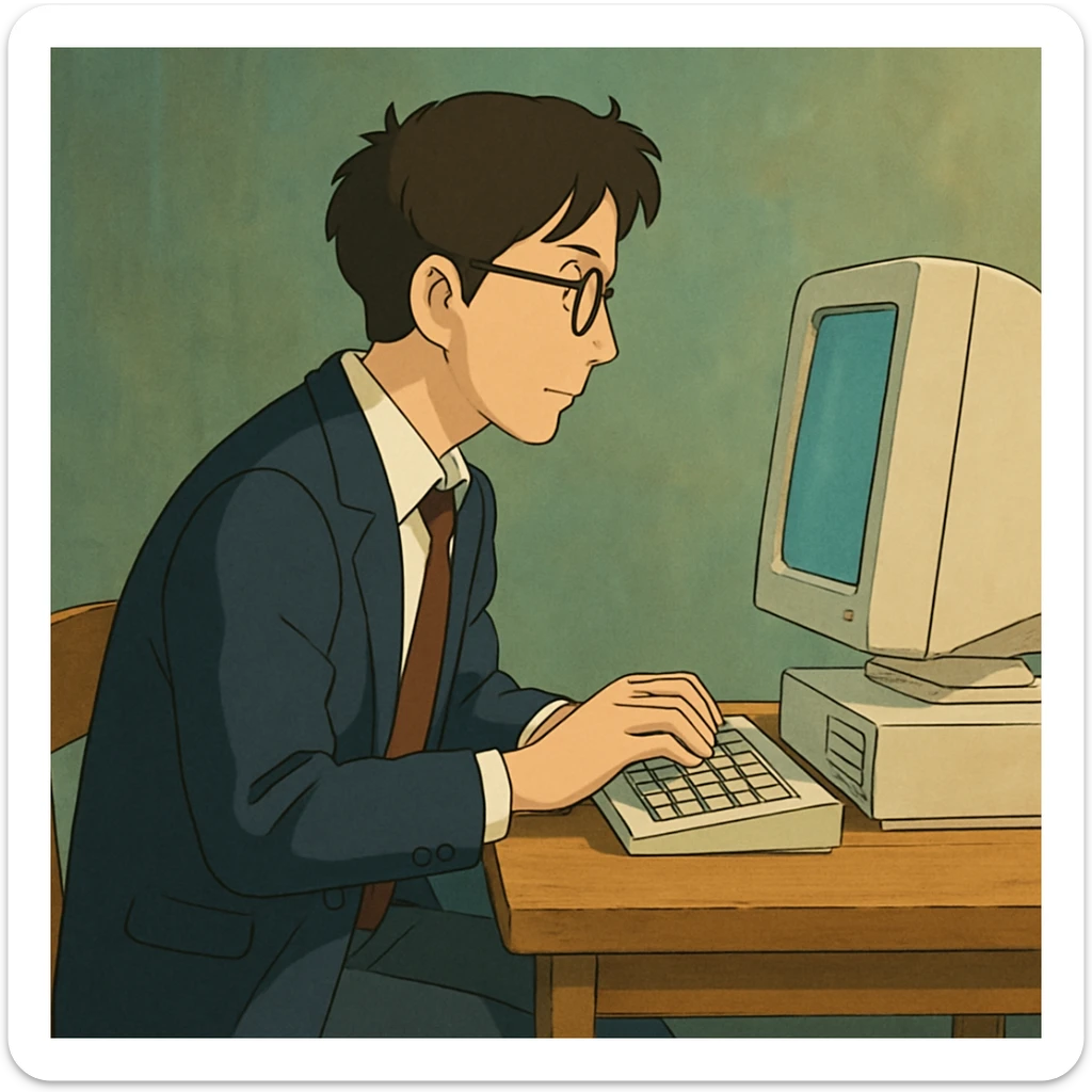 hombre con vestimenta semi-formal, de perfil, frente a una computadora en una mesa sencilla, ghibli style sticker