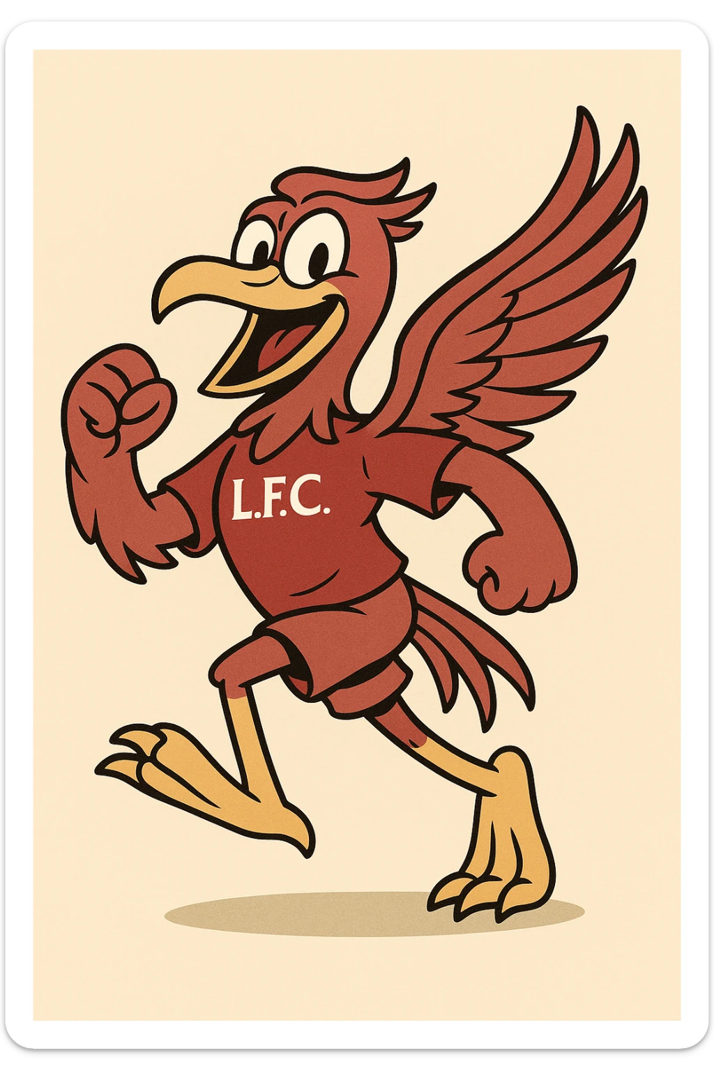 Liverpool FC mascot, cartoon liver bird, red and yellow, energetic pose, sports team style sticker