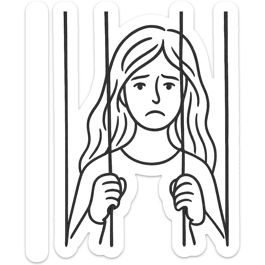 hand drawn outline style of a golden girl with long hair behind jail bars sticker