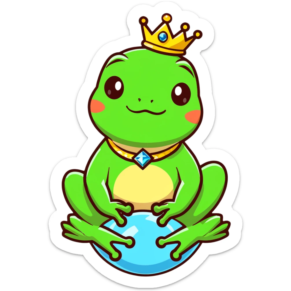 glamorous frog wearing a jeweled choker, sitting on top of the world sticker