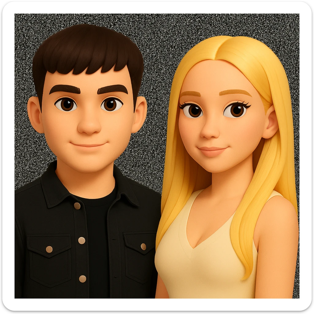 Slightly increase the volume of the upper body of the girl, separate the girl and the boy from each other, and make the skin color the same for both characters. Maintain the cartoonish 3D style in the edit. sticker
