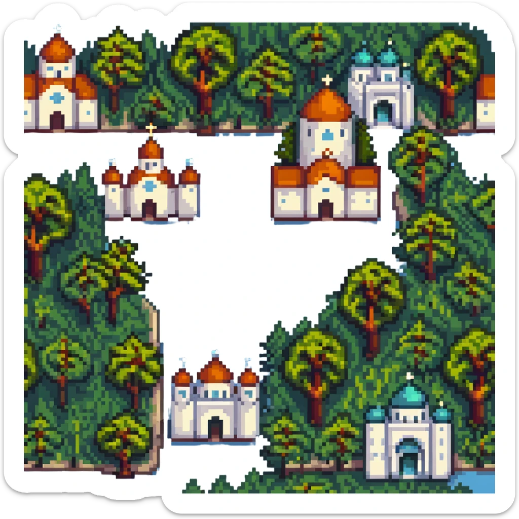 cityscape of Nalchik with iconic buildings and trees in pixel art style sticker