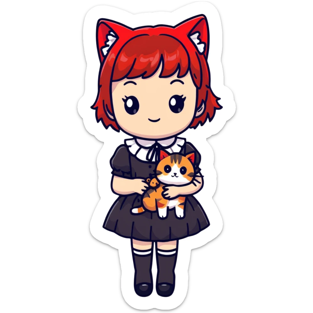 Girl with black and red-tipped hair in black Lolita dress with tabby cat sticker