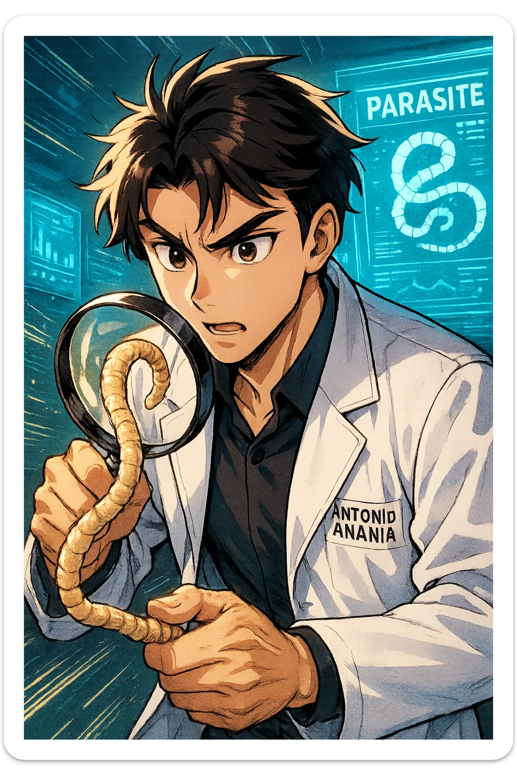 A dynamic manga/webtoon-style illustration of a young male kinesiologist wearing a clean white lab coat, analyzing light beige worms like a tapeworm under a magnifying glass. His expression is focused and slightly intrigued, with sharp, detailed eyes. The art style is vibrant, with bold linework, rich colors, and dramatic lighting. The background is a futuristic laboratory with glowing holographic screens displaying parasite data. The tapeworm is intricately drawn, slimy and segmented, with a slightly exaggerated yet realistic texture. The composition is dynamic, with motion lines or energy effects to emphasize his scientific investigation. The atmosphere is intense but not dark, keeping a balance between scientific seriousness and stylish manga aesthetics, he has "ANTONIO ANANIA" WRITTEN ON WHITE LAB COAT sticker