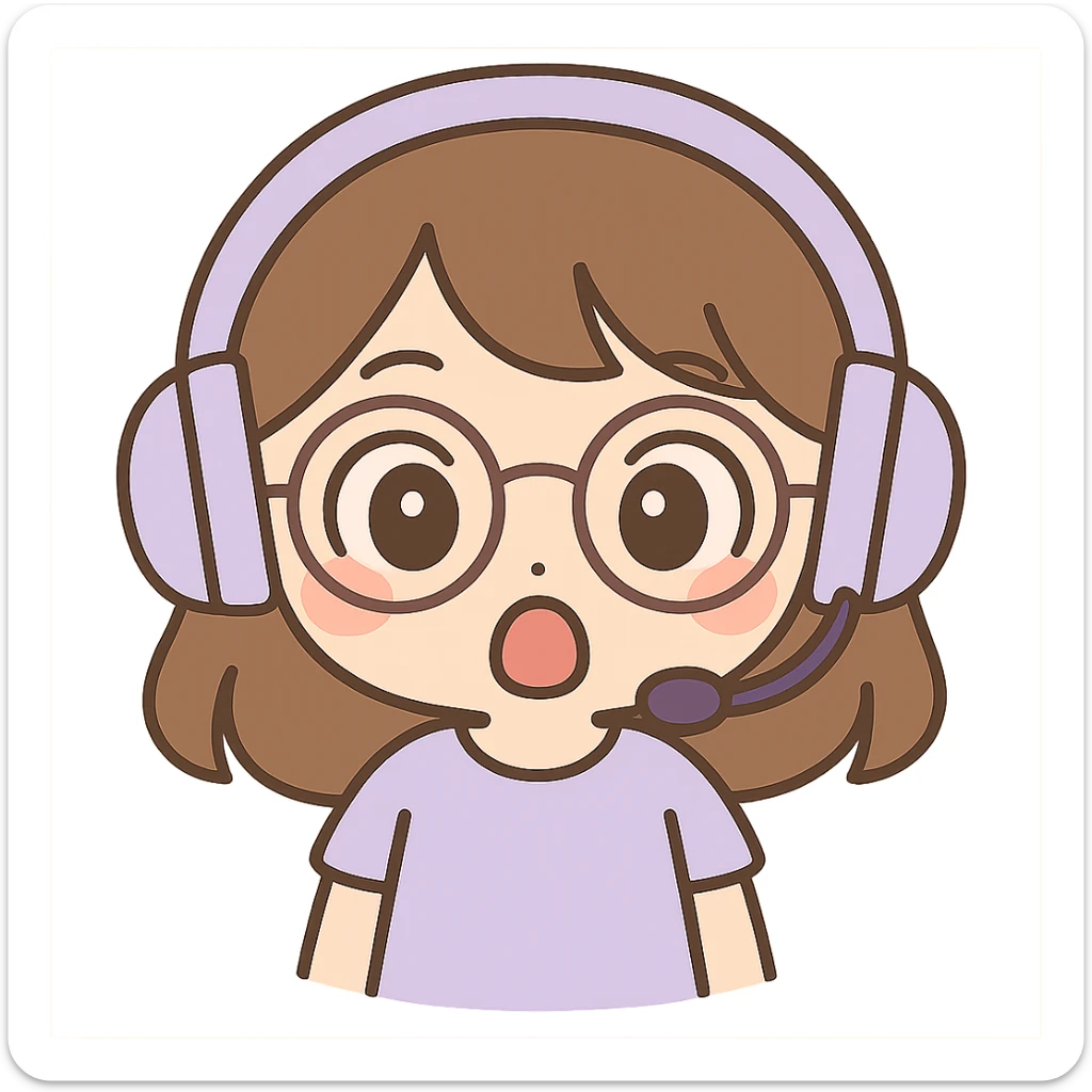 Edit the image to depict a female brunette with glasses and a purple gaming headset in chibi style, with a surprised facial expression. Keep the background transparent. sticker