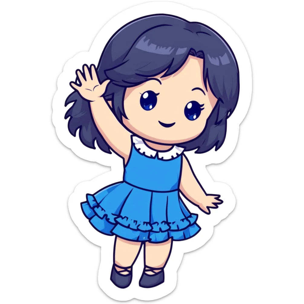 cute chibi girl with long dark hair, blue rose in hair, bright blue eyes, black frilly dress, smiling and waving sticker