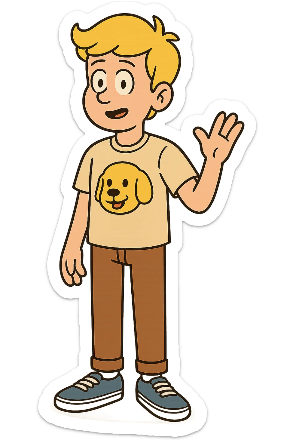 A boy yellow hair dog mascot logo t-shirts brown trousers blue vans shoe  sticker