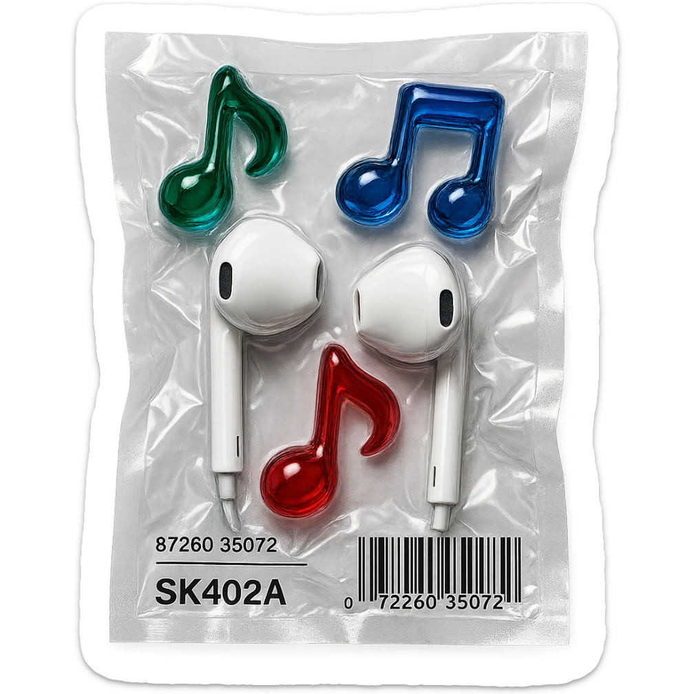 pair of white EarPods with three floating glass music notes in deep jewel tones (emerald, sapphire, ruby), shiny and puffy sticker