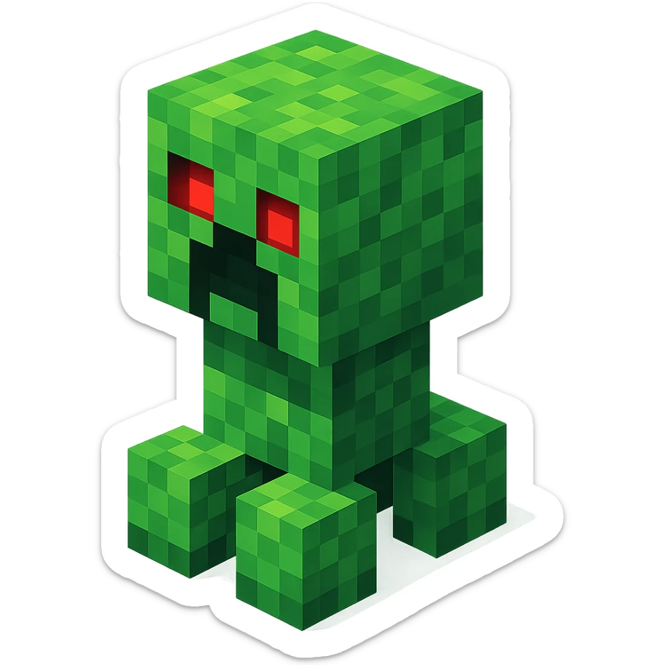 Minecraft Creeper, 3D blocky voxel style, green pixelated texture, facing forward, scary expression with glowing red eyes, horror style sticker