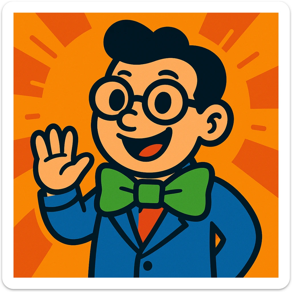 Add playful glasses to the person with a prominent green bowtie, in the same vibrant cartoon style. sticker