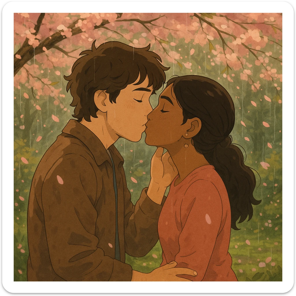 Joel and Madhu sharing a gentle kiss under cherry blossoms in the rain, romantic, Ghibli style with delicate petals falling, soft rain, and warm emotional tone. sticker