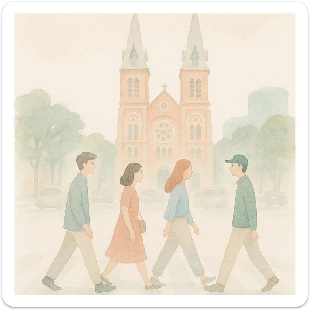 soft watercolor illustration in a minimalist modern style, a group of 4 people walking across a busy street, Saigon Notre Dame Cathedral in the background, pastel colors, delicate linework, gentle whimsical mood, minimal soft shading sticker