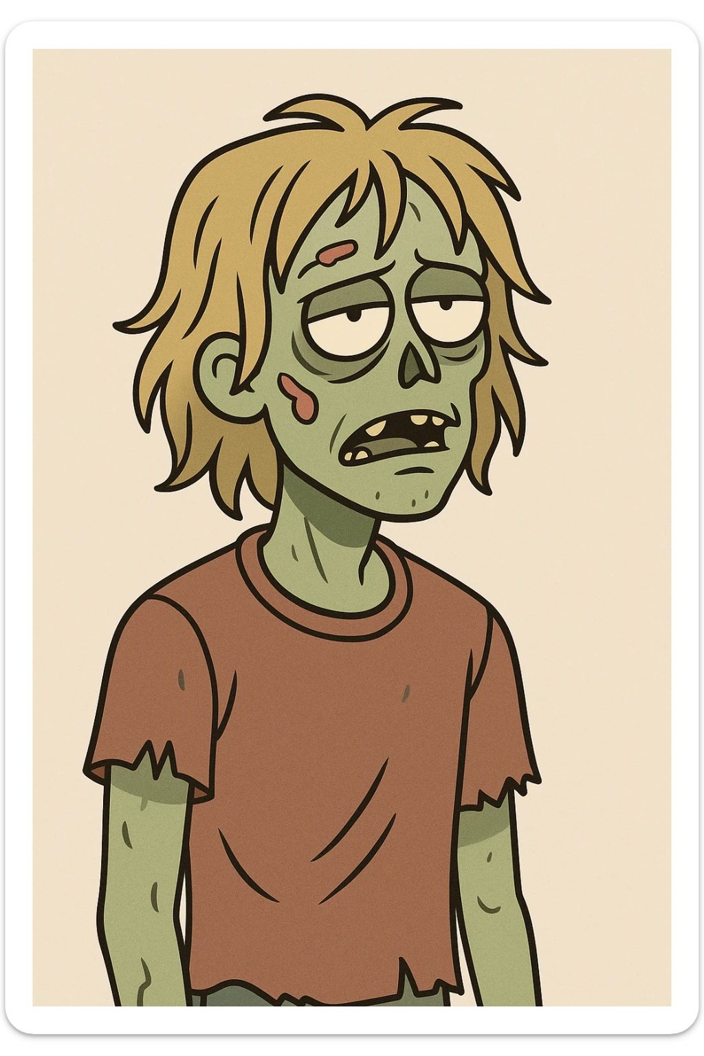 cartoon-style zombie young man with messy shoulder-length blond hair greenish skin vacant stare sticker
