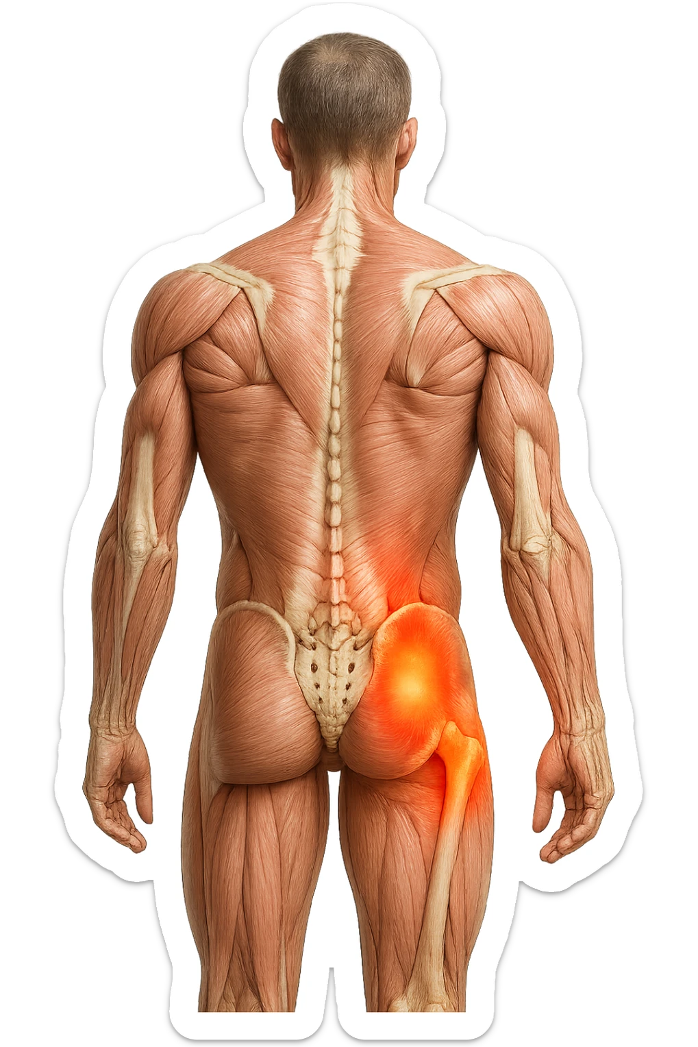 CORPO UMANO ANATOMICO A FIGURA INTERA REALISTICO DI SPALLE CON DOLORE ALLA LOMBARE INFIAMMATA, DOLORE ALL'ANCA, IPERREALISTICO 4K sticker