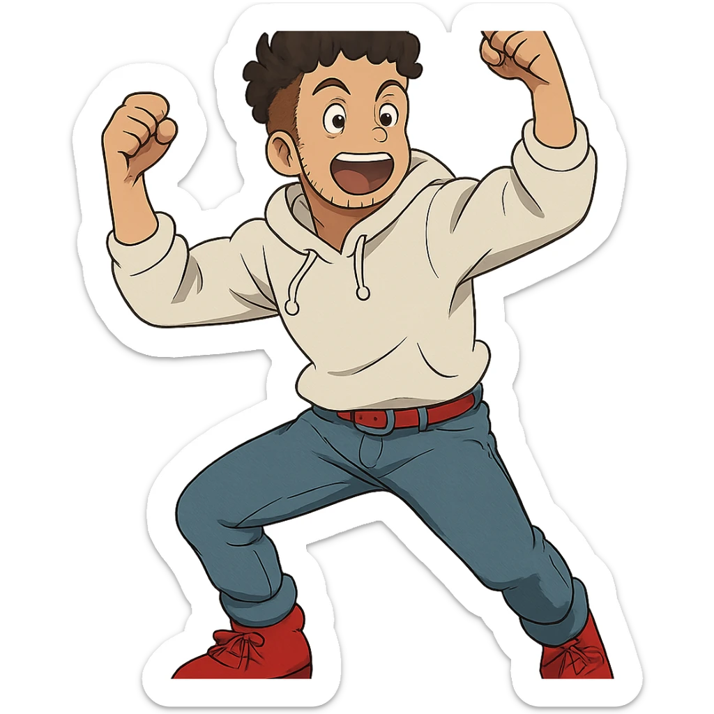 1 male, mid fade haircut dark chestnut brown curly hair, toasted lightskin, white hoodie sleeves up, fashion jeans, red fashion-sneakers shoes, red belt, short trimmed beard and goatee,  style of deku from "my hero academia", doing a "hype" pose sticker