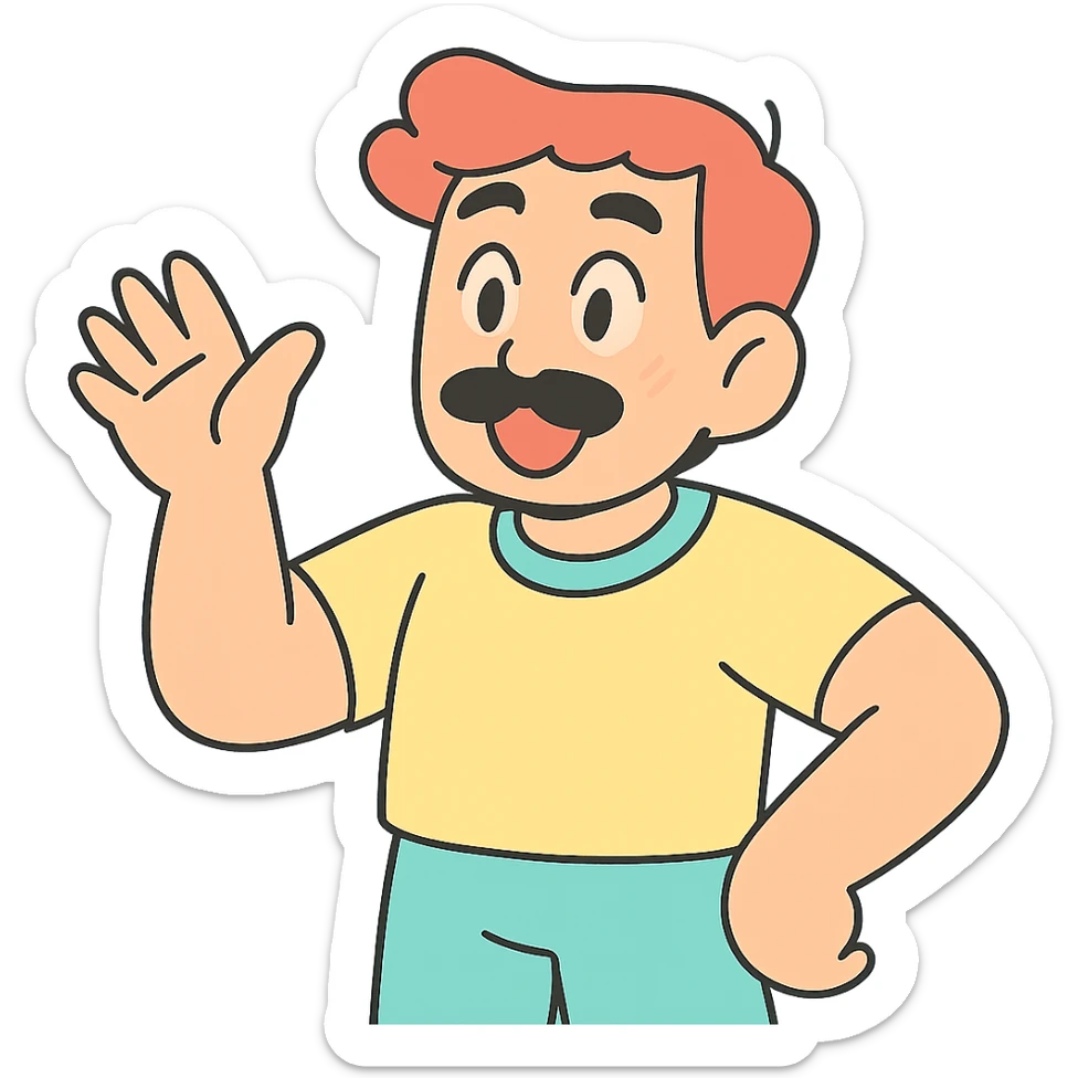 asian man with black mustache and red hair, 90's anime style, pastel toon style sticker