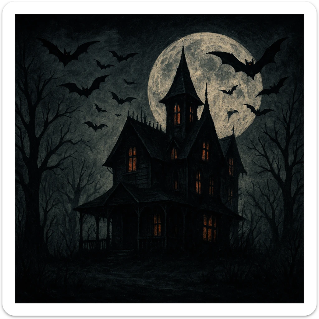 creepy banner, haunted house at night, full moon, bats, dark color palette, horror illustration style sticker