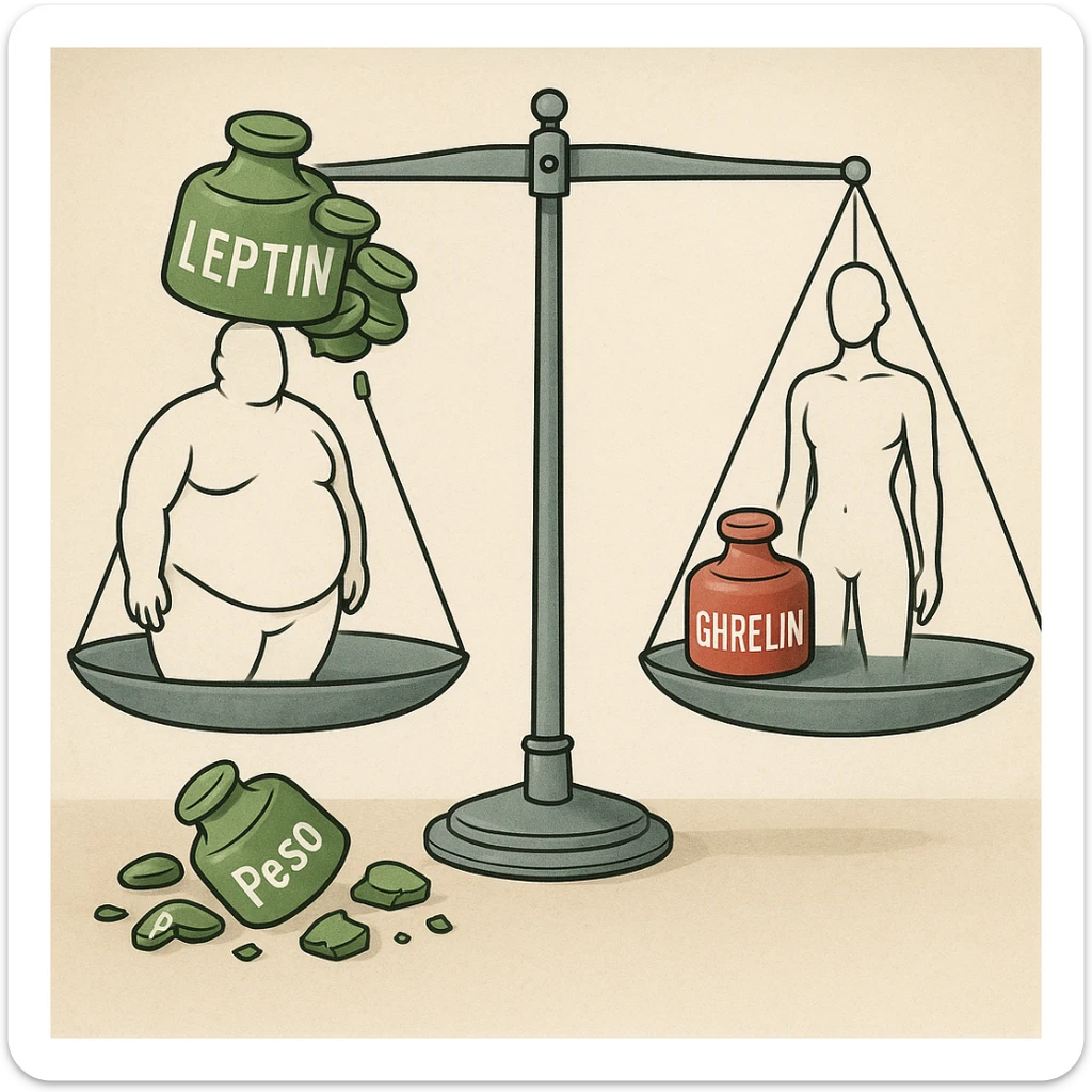 clinical illustration of a balance scale with leptin in green and ghrelin in red; obese side with overflowing leptin, scale stationary, broken leptin weights labeled 'Peso' on the floor; normal weight side with balanced scale; endocrinology style, 4K resolution sticker