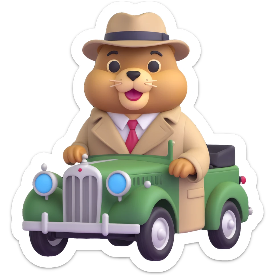 3D emoji style beaver leaning against a vintage car, wearing a trench coat and hat, gangster attitude sticker