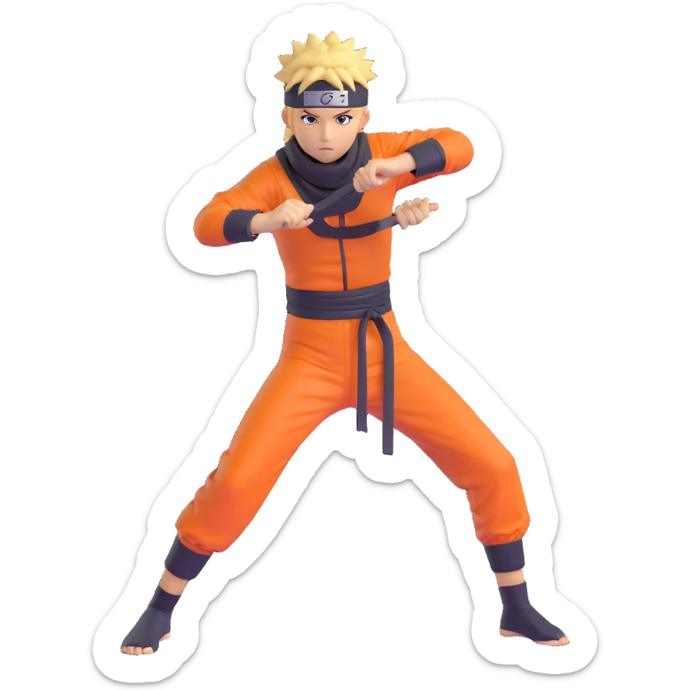 Naruto character in 3D cartoon style, spiky blond hair, orange jumpsuit, ninja headband, dynamic stance sticker