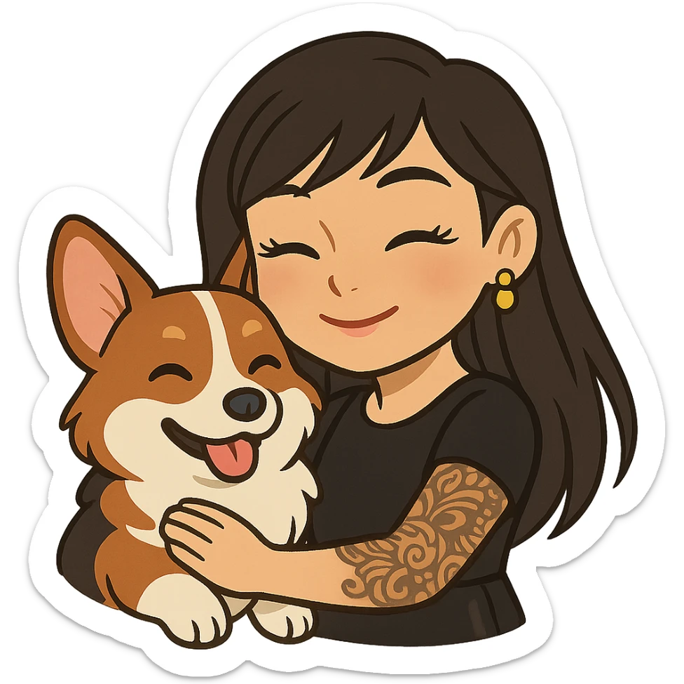 Ghibli-style emoji of an Asian girl with long hair and wispy deep side bangs, wearing a black leather dress, gold earrings, false lashes, and a 3/4 sleeve tattoo on her left arm, hugging a happy red head tri-color corgi, simplified, clear, emoji-like sticker