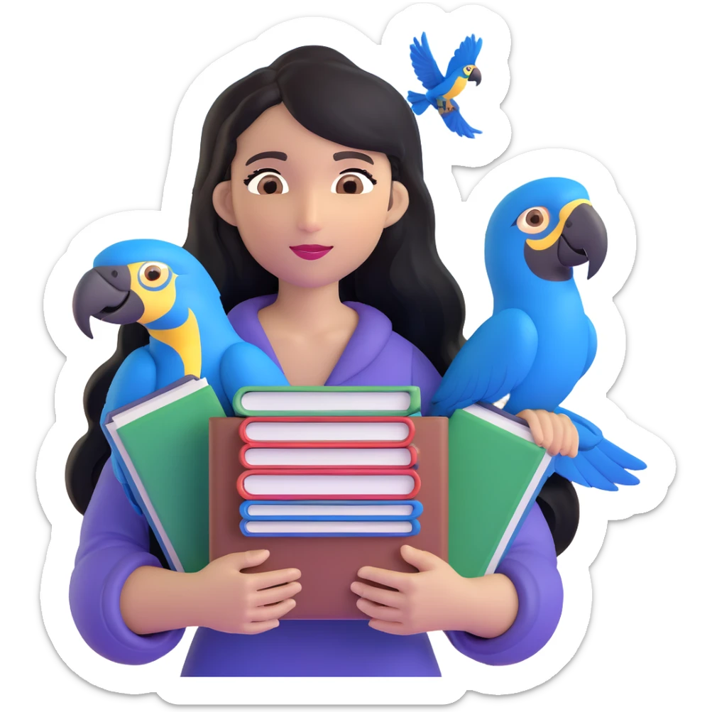 woman with long black hair and light brown skin, holding a stack of books in her arms, blue macaws flying around her, face as the focal point, with the arches of Atalaia Beach subtly in the background sticker