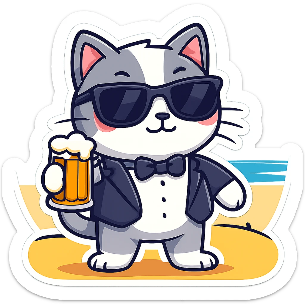 Add sunglasses to the cat in a tuxedo drinking beer on the beach in sticker style, cartoonish and bold with clear outlines and vibrant colors. sticker