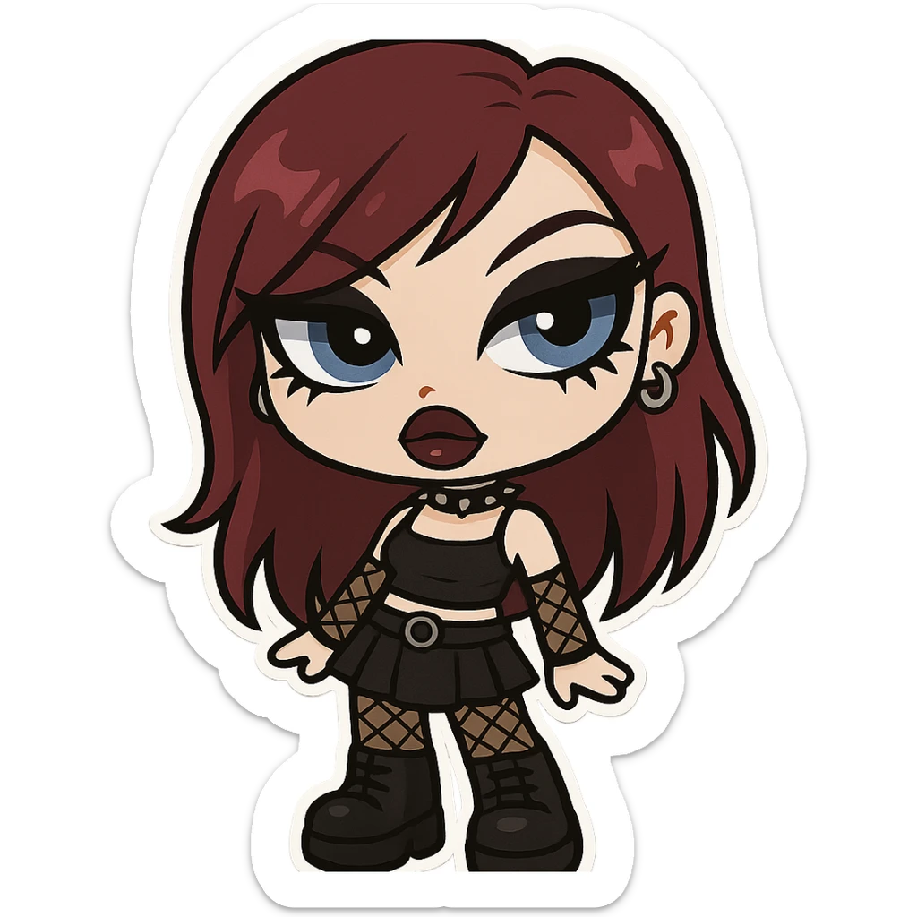alternative baddie girl, burgundy hair, pale skin, blue eyes, heavy black eyeliner, bratz doll style sticker