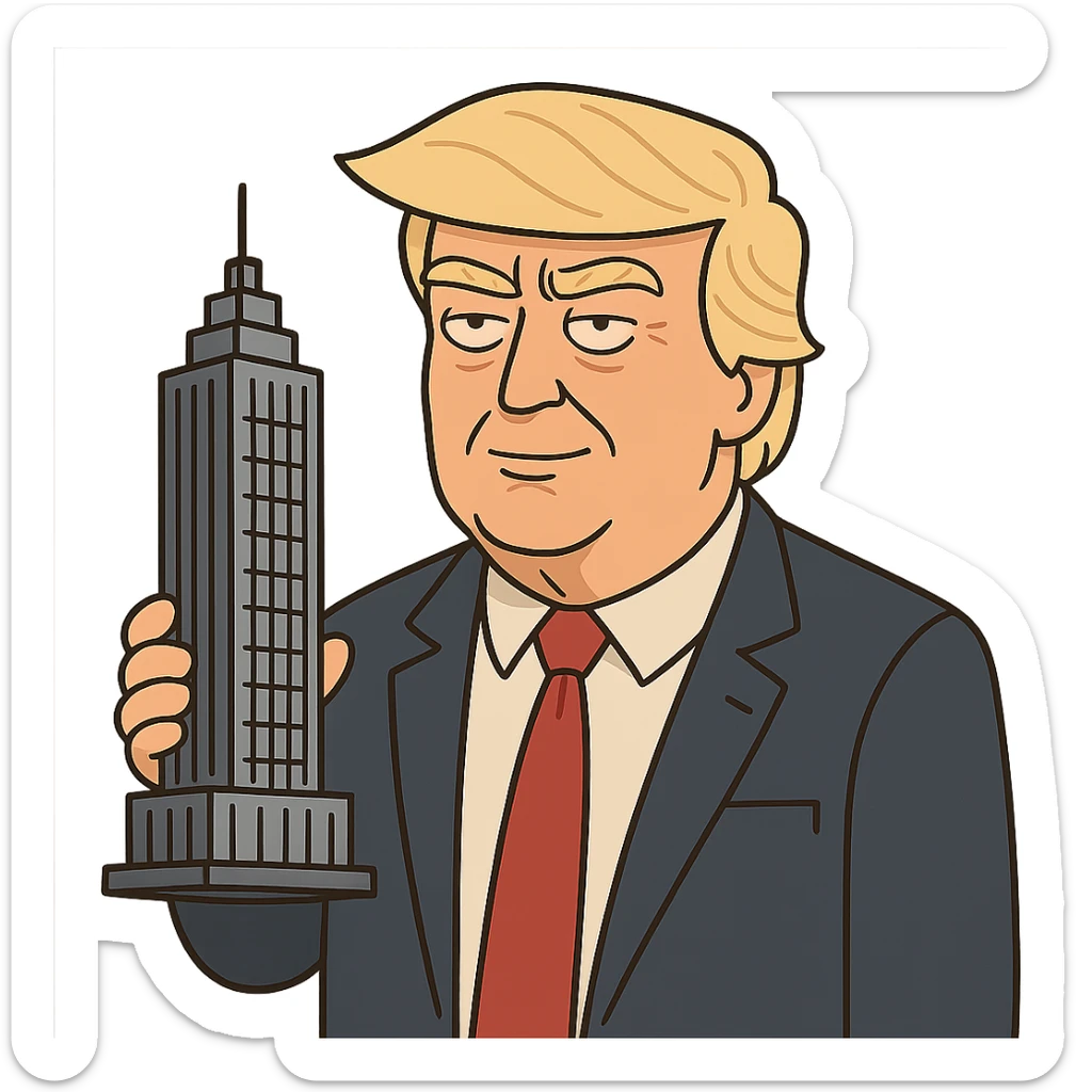 Donald Trump as a real estate owner cartoon style holding a skyscraper model wearing a suit and red tie sticker