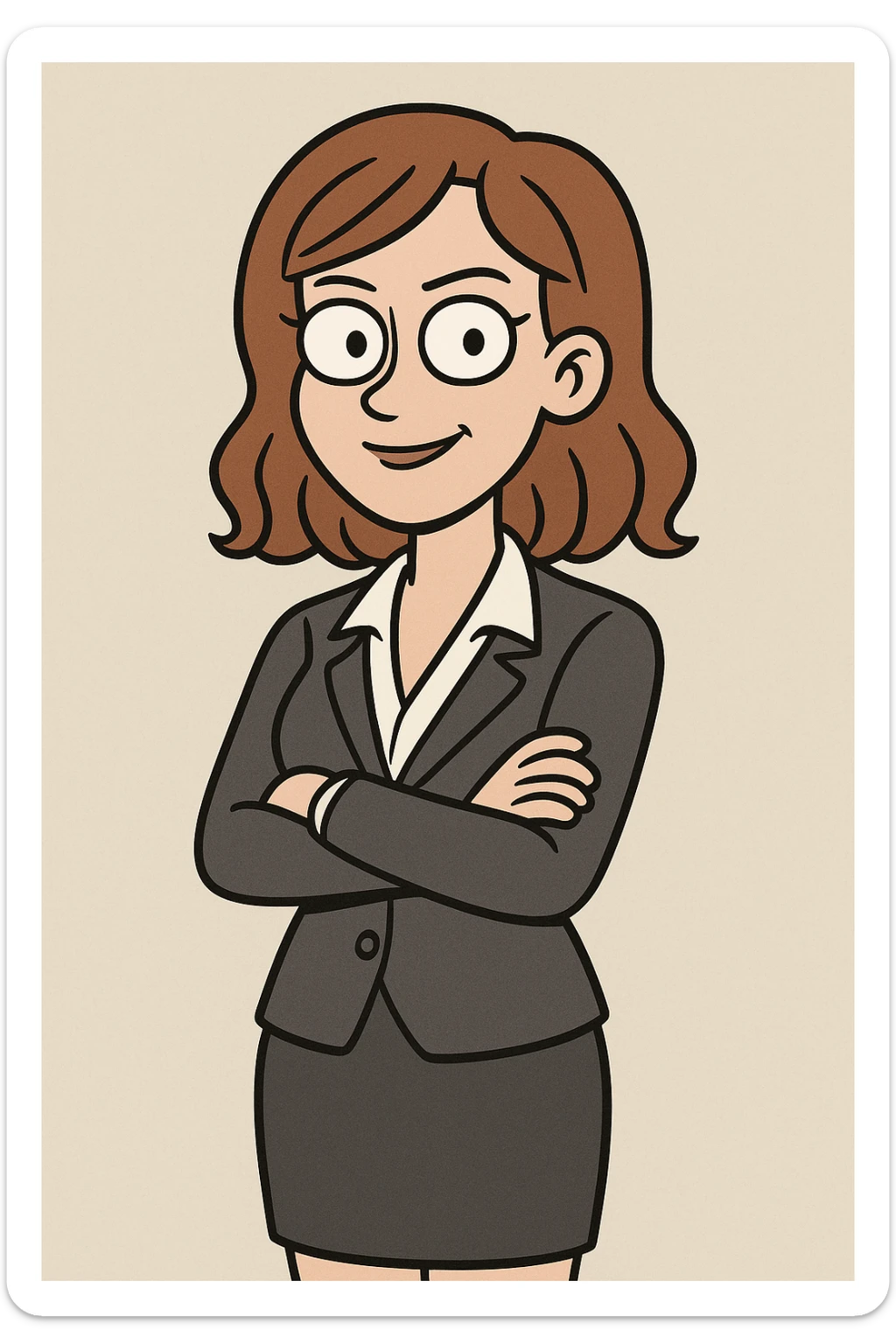 corporate girl, medium length straight wavy hair, cartoon effect, arms crossed, professional look, minimal background sticker
