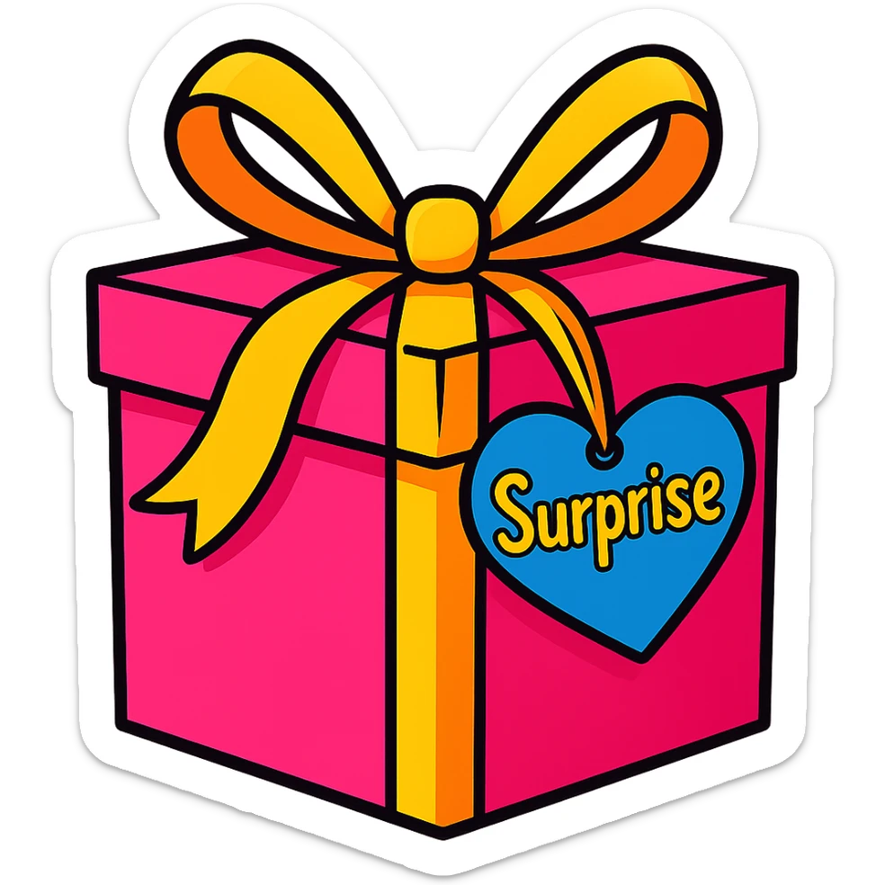 Recreate the blue heart-tagged pink gift in a vibrant toon style, with the name 'Surprise' on the tag, no background. sticker