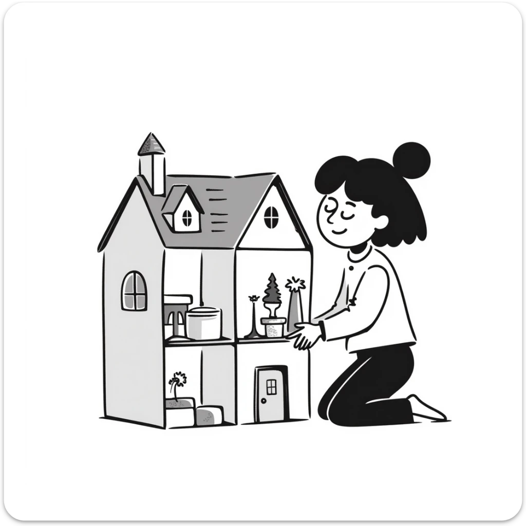 smiling girl arranging furniture in doll house sticker