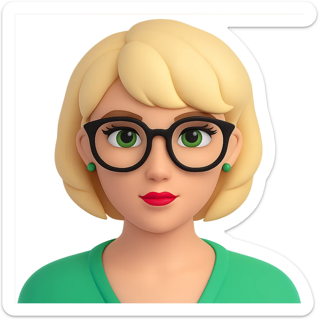 Add stylish glasses to the woman with thick blonde short hair and green eyes in a 3D emoji style. Keep the 3D emoji look consistent and remove the background. sticker