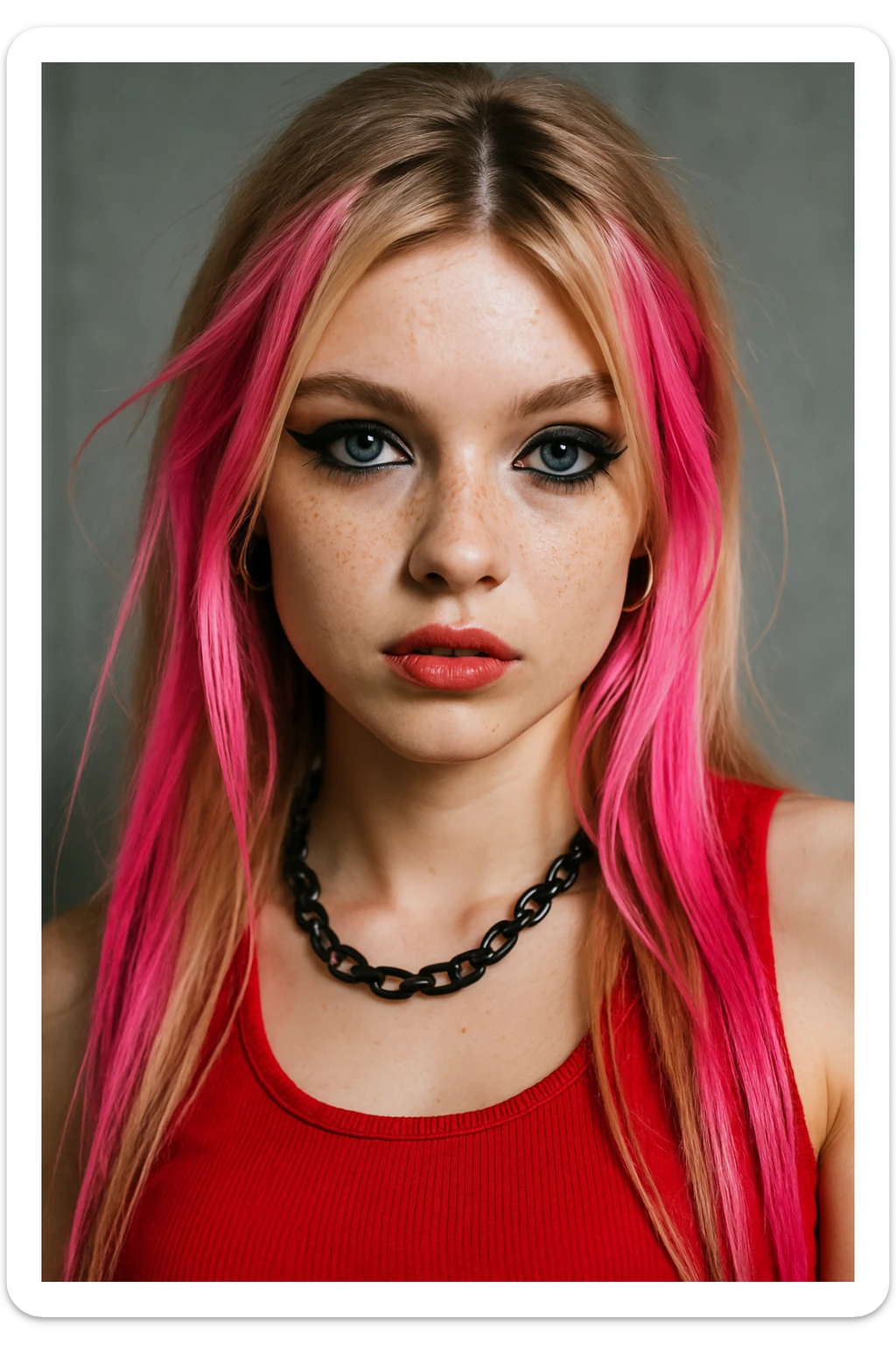 Y2K punk-inspired young blonde girl, blue eyes, long hair with pink highlights, light black eyeshadow and eyeliner, freckles, fake lashes, red top, black necklace. sticker
