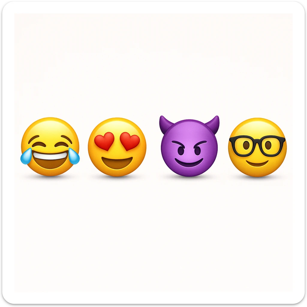 make four emojis on white background with good amount of shadow, four emojis of smiley's only. one laughing, second heart eyes, third purple devil and four black glasses emojis  sticker