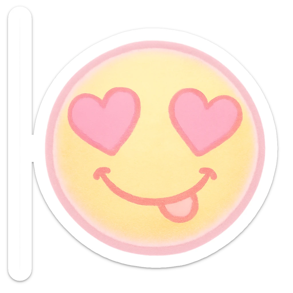 cute emoji, heart eyes, playful grin, pastel pink and yellow sticker