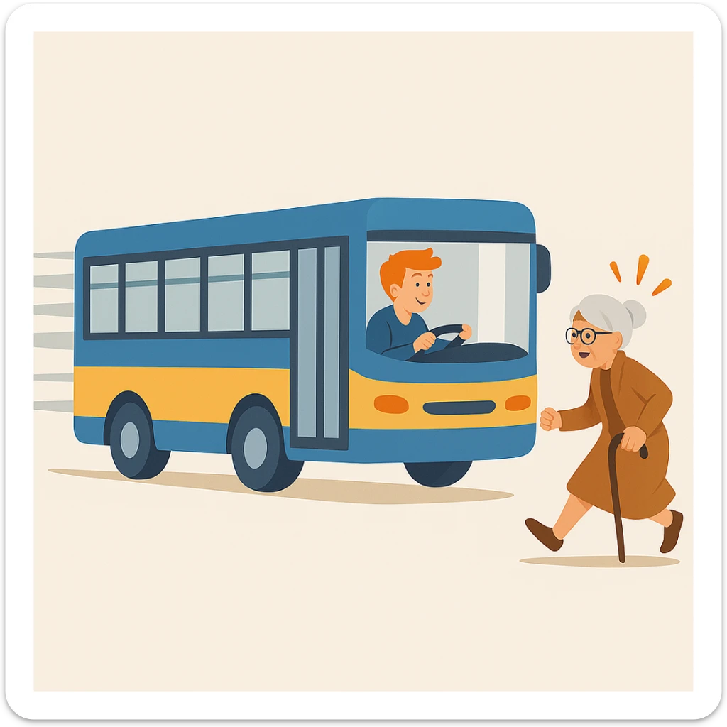 old lady should run to reach the bus, the driver is man under 30 with orange hair sticker