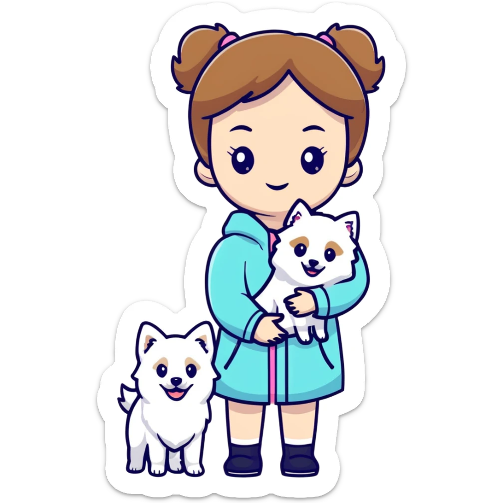 light brown hair girl with pale skin holding a white Japanese spitz dog sticker