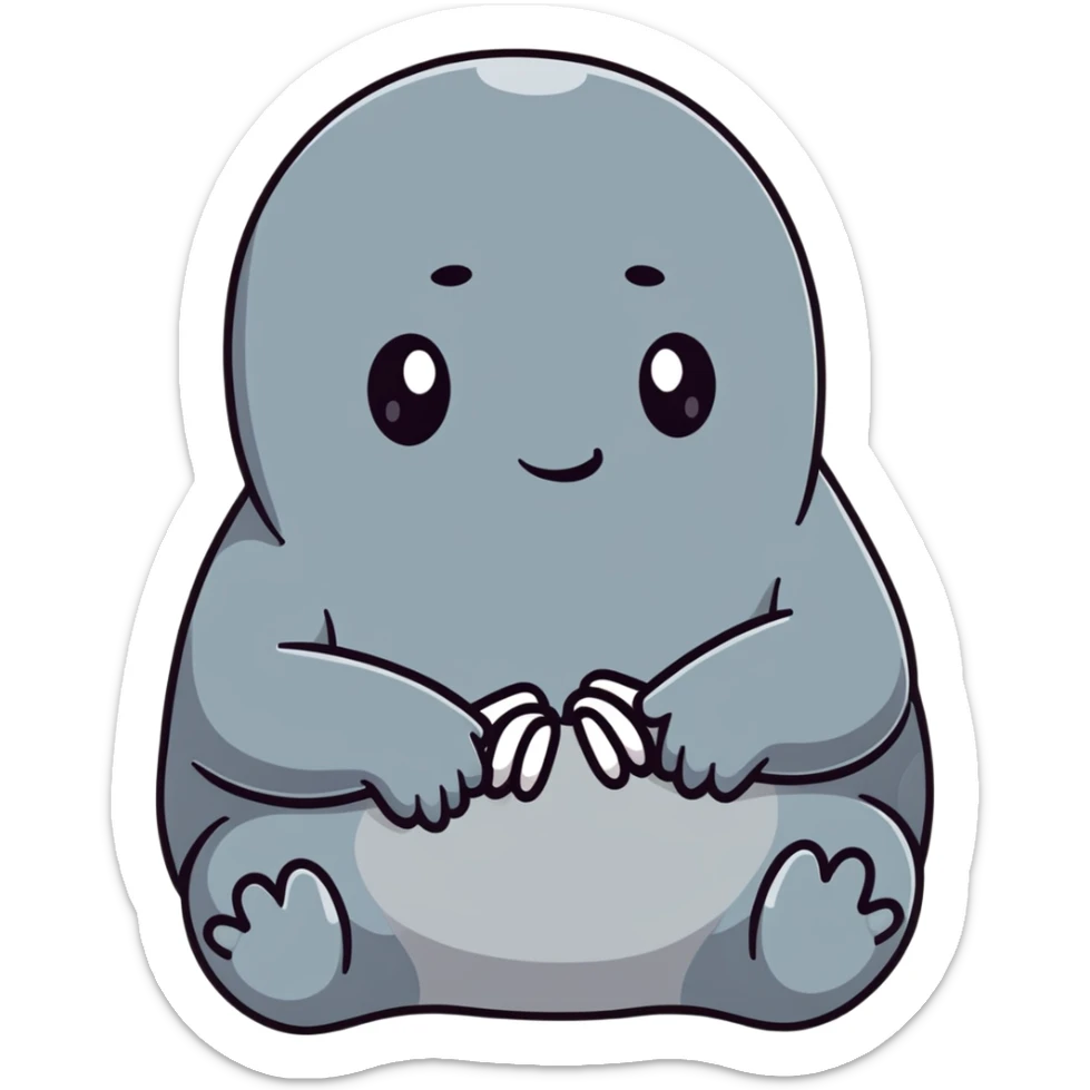 Zhdun (The One Who Waits), a cute gray blob-like creature with wrinkled skin, no neck, tiny hands resting on lap, patiently waiting sticker
