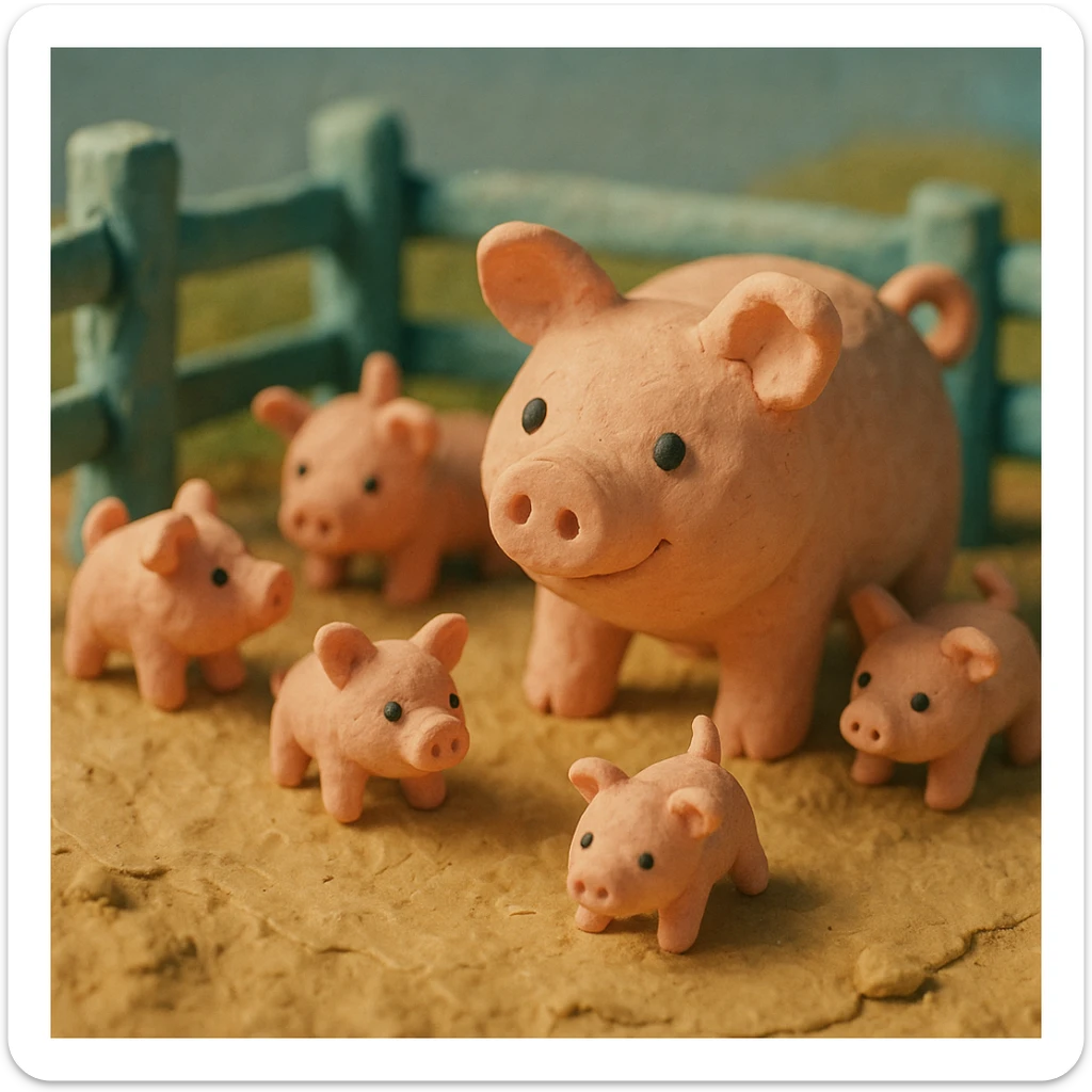claymation style pig in a pig pen with several piglets, playful, pastel colors, visible fingerprints, textured look sticker